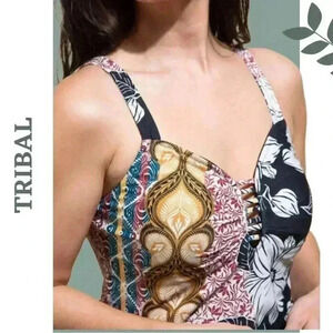 Tribal Reversible Tankini Top Floral and Solid Black Gold